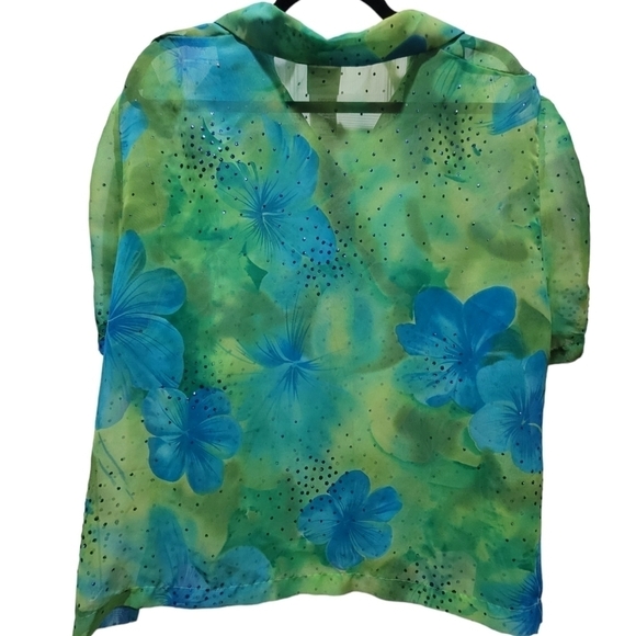 STUDIO C 22W Floral Sheer Embellished Button Down Short Sleeve Tropical Blouse - Picture 2 of 6